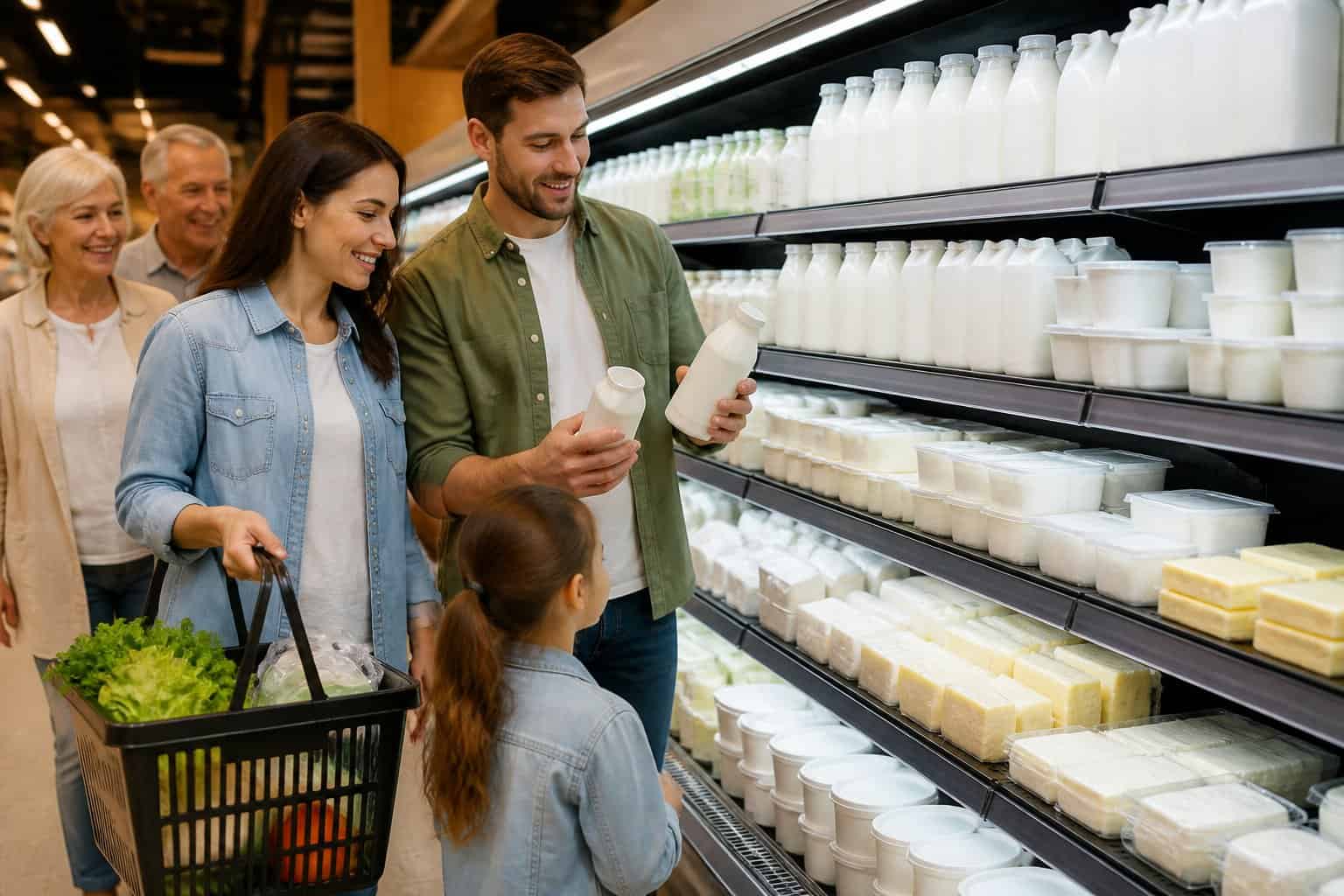 A family shops for generic dairy products in a bright supermarket refrigerator aisle.