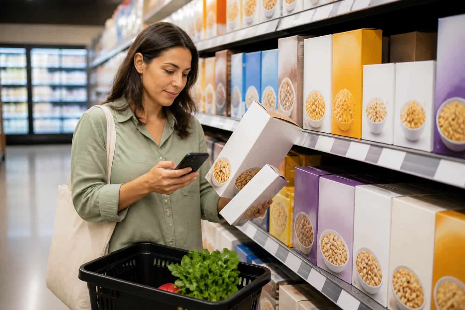 A shopper compares cereal boxes and shelf prices in a grocery store aisle.