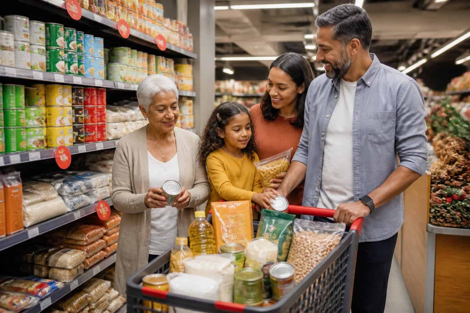 A multigenerational family compares pantry staples in a grocery store aisle while preparing for the holidays.