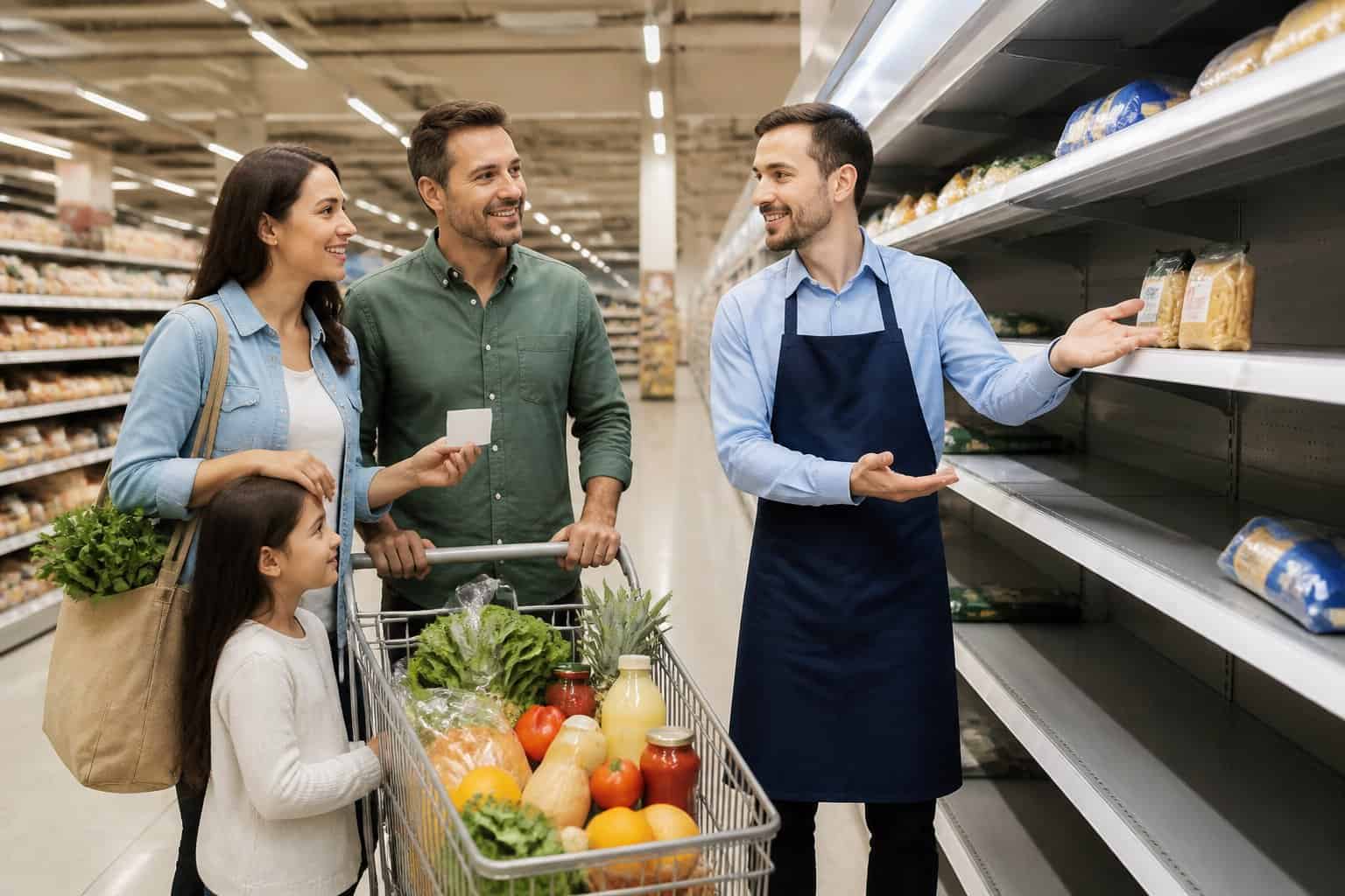 A family shopper receives a rain check from a supermarket employee beside a nearly empty sale shelf.