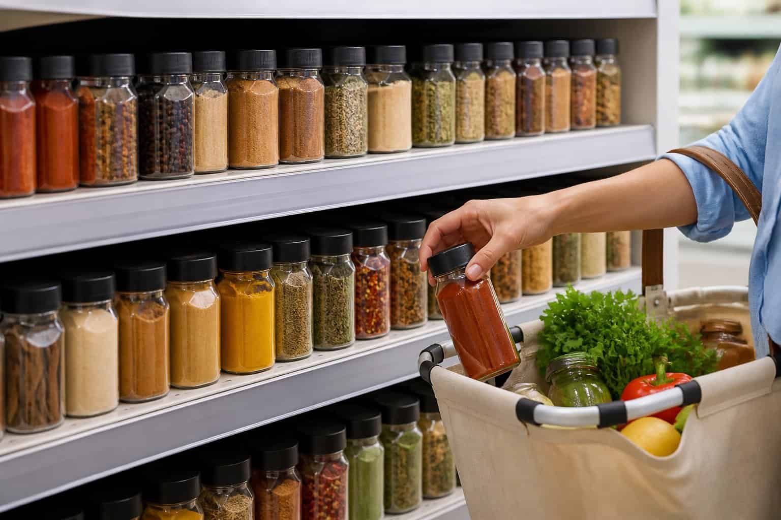 A shopper places a jar of seasoning into a basket in a grocery store spice aisle.