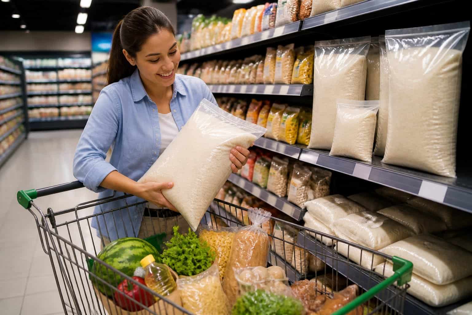 A shopper places a large bag of rice into a grocery cart in a supermarket aisle.