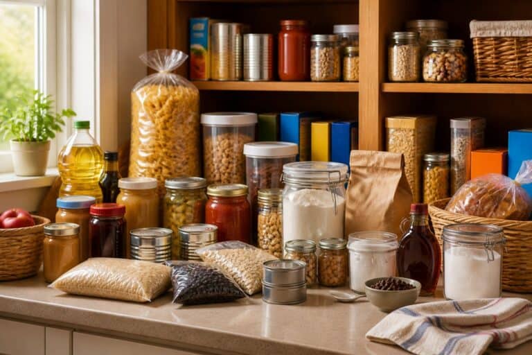 A well-stocked American kitchen pantry and counter display common shelf-stable foods in cans, boxes, jars, and bags.
