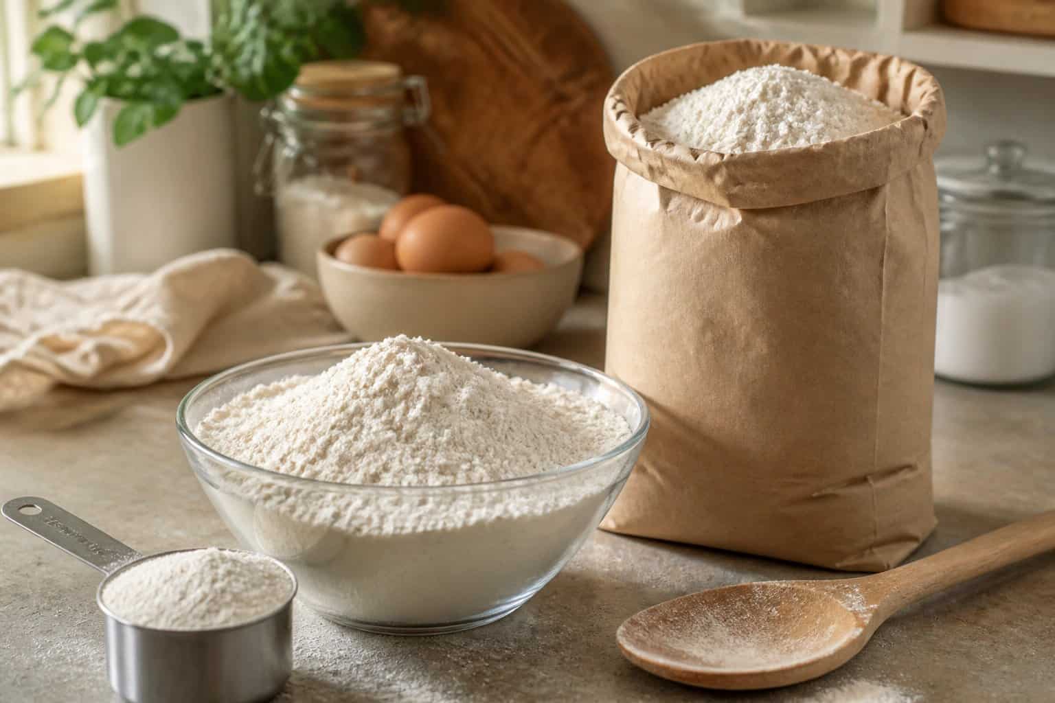 A bag and bowl of all-purpose flour with measuring utensils on a kitchen counter.