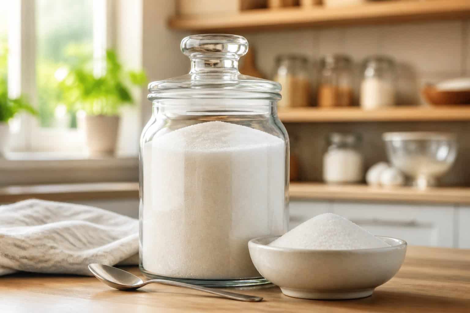 A glass jar and small bowl filled with granulated sugar on a kitchen countertop.