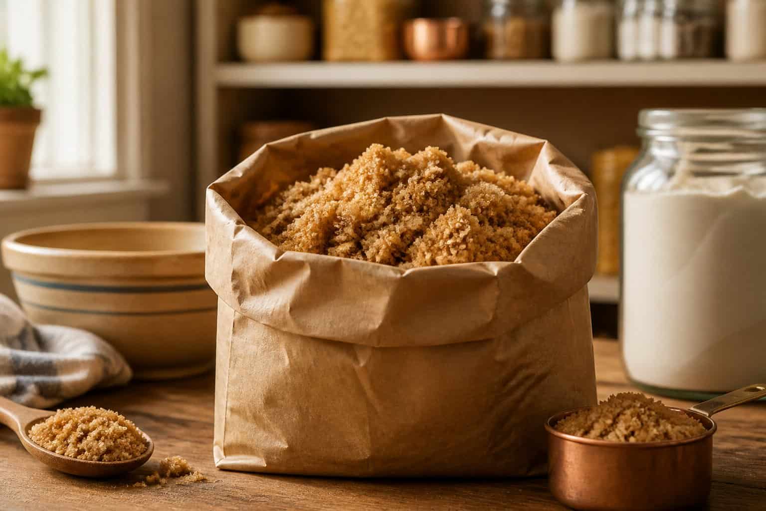 A jar of brown sugar sits on a wooden kitchen counter beside baking utensils.