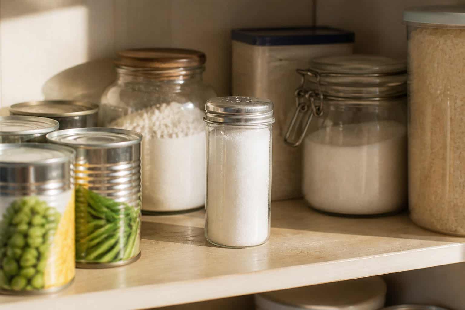 A table salt container sits on an organized kitchen pantry shelf among common household staples.