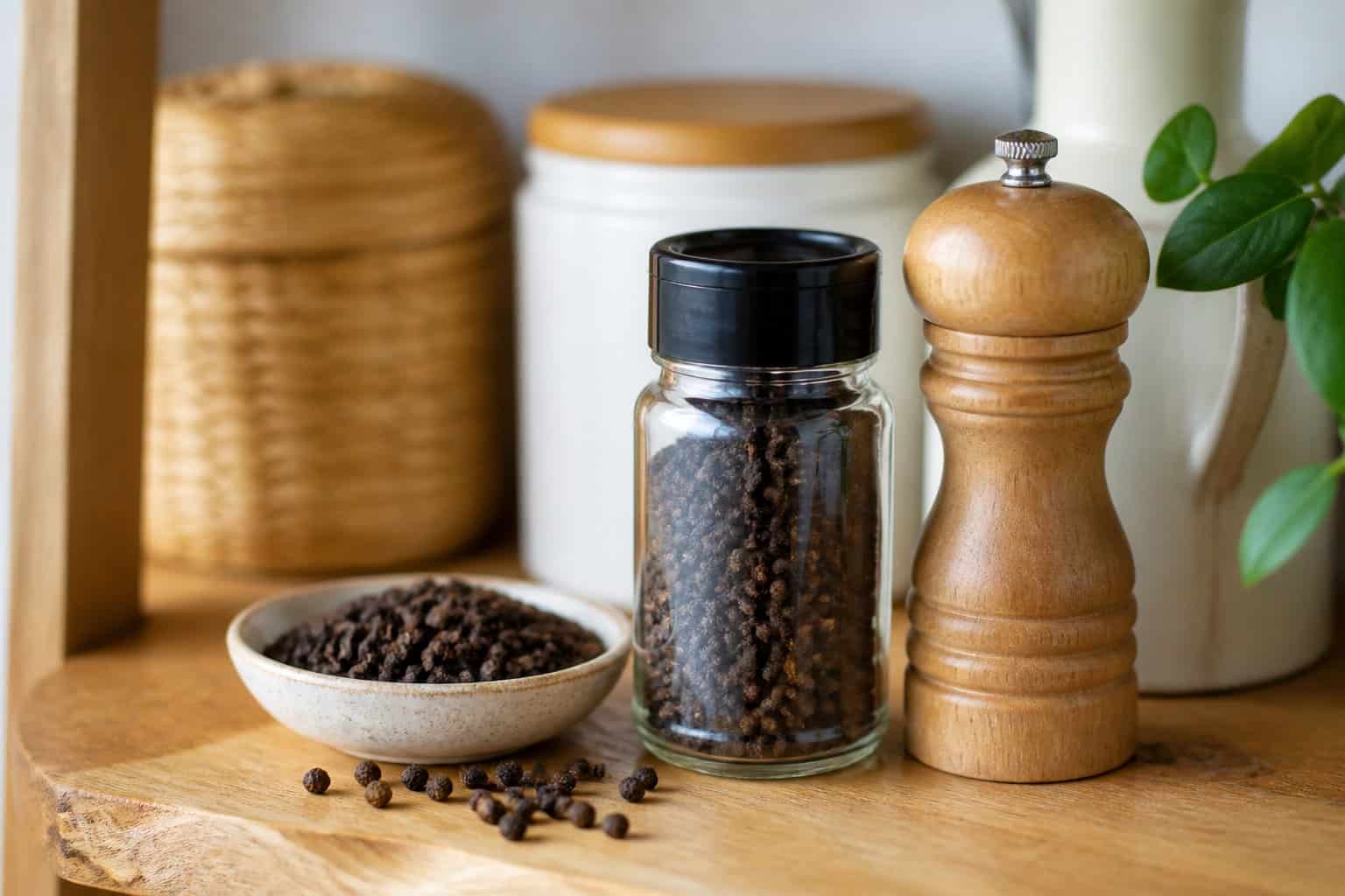 A jar of black peppercorns, a wooden pepper grinder, and a bowl of peppercorns on a kitchen shelf.