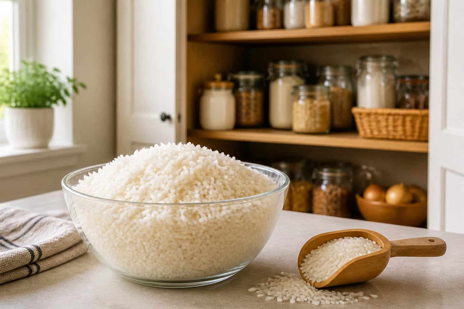 A bowl of white rice sits on a kitchen counter beside a small scoop of uncooked rice.