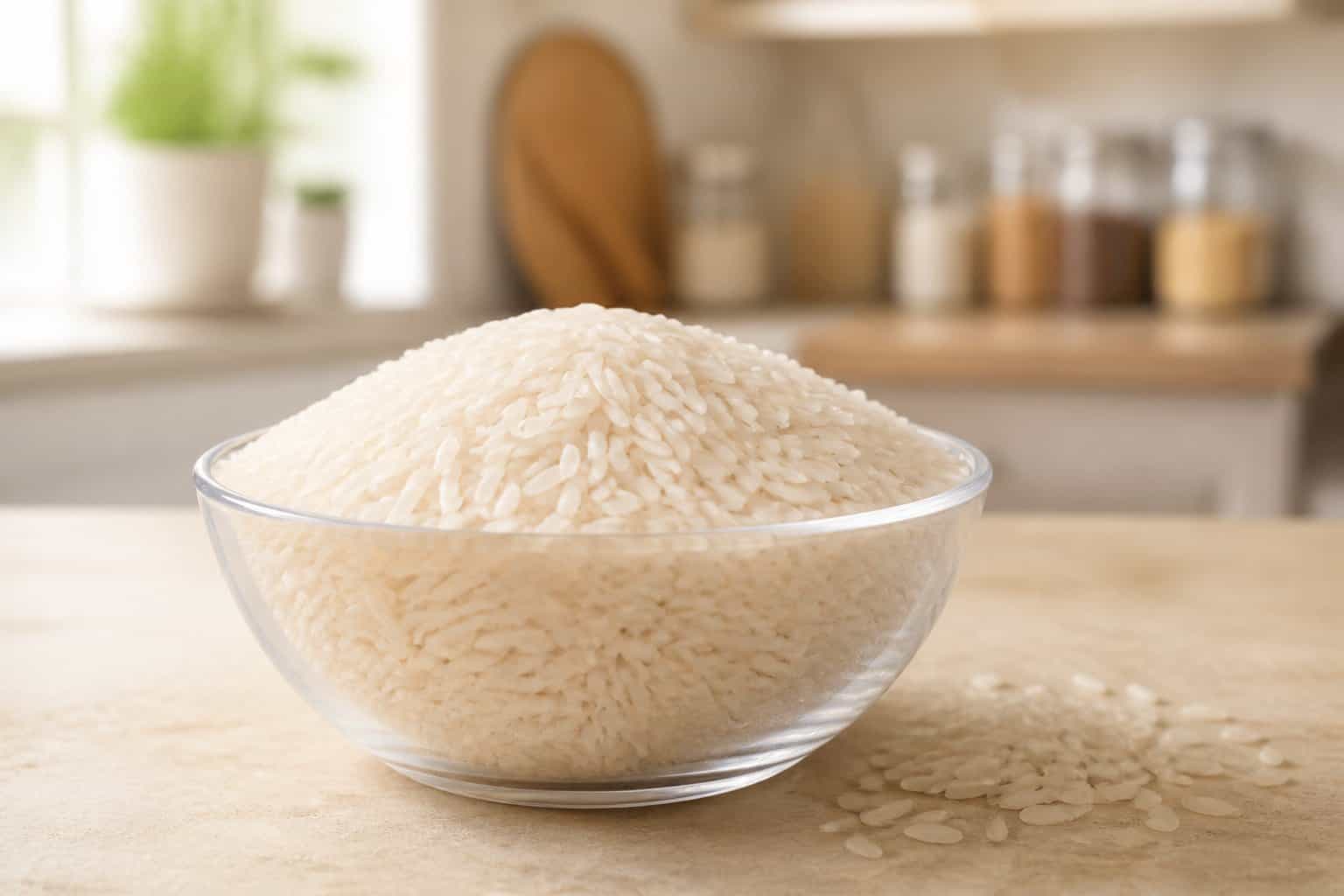 A bowl of uncooked long-grain white rice on a kitchen countertop with a few grains scattered nearby.