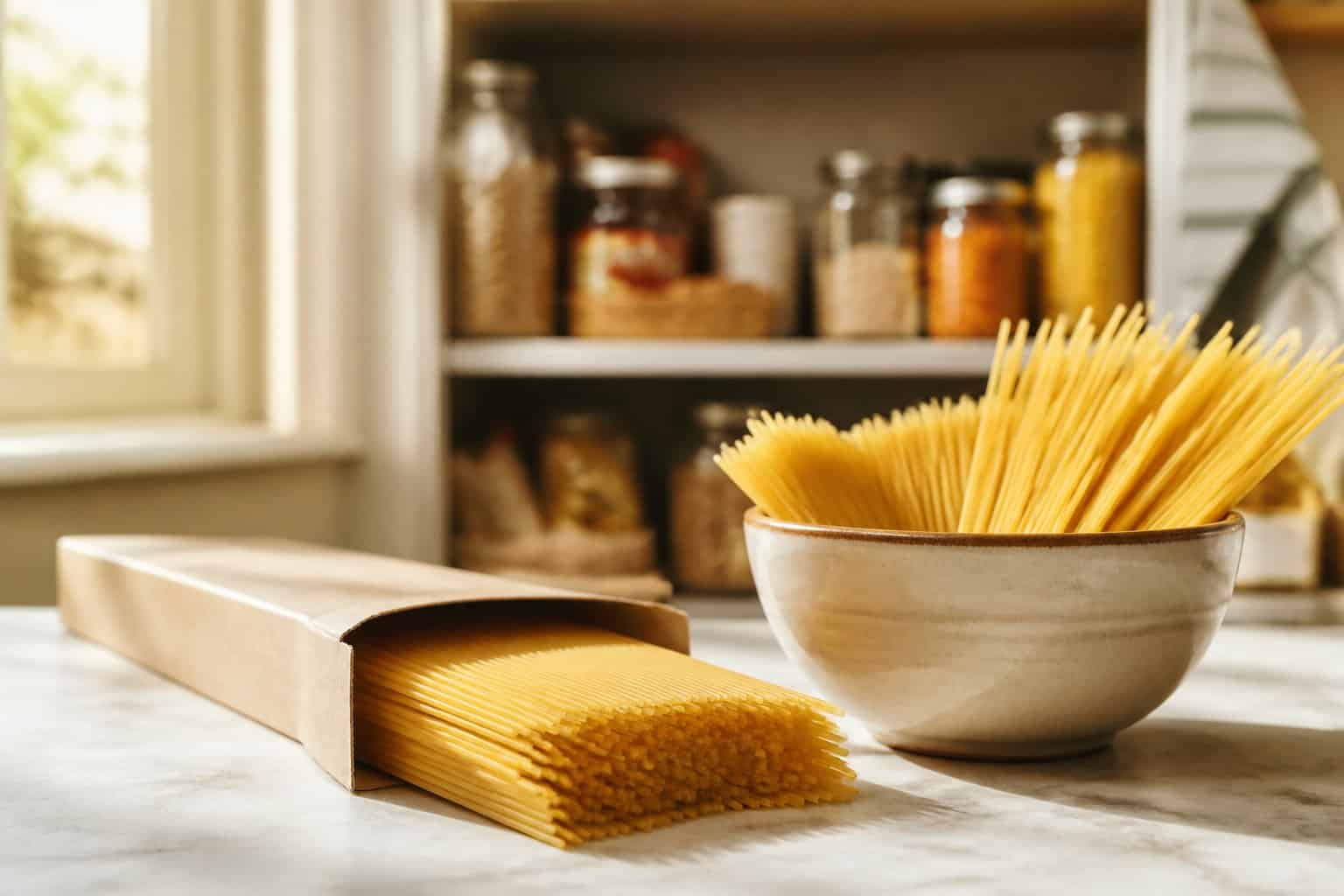 A bundle of uncooked spaghetti spills from an open box beside a bowl on a kitchen countertop.