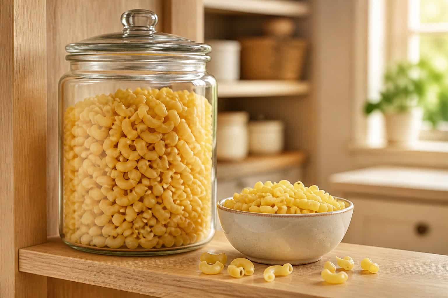 A glass jar and ceramic bowl filled with uncooked elbow macaroni on a kitchen shelf.