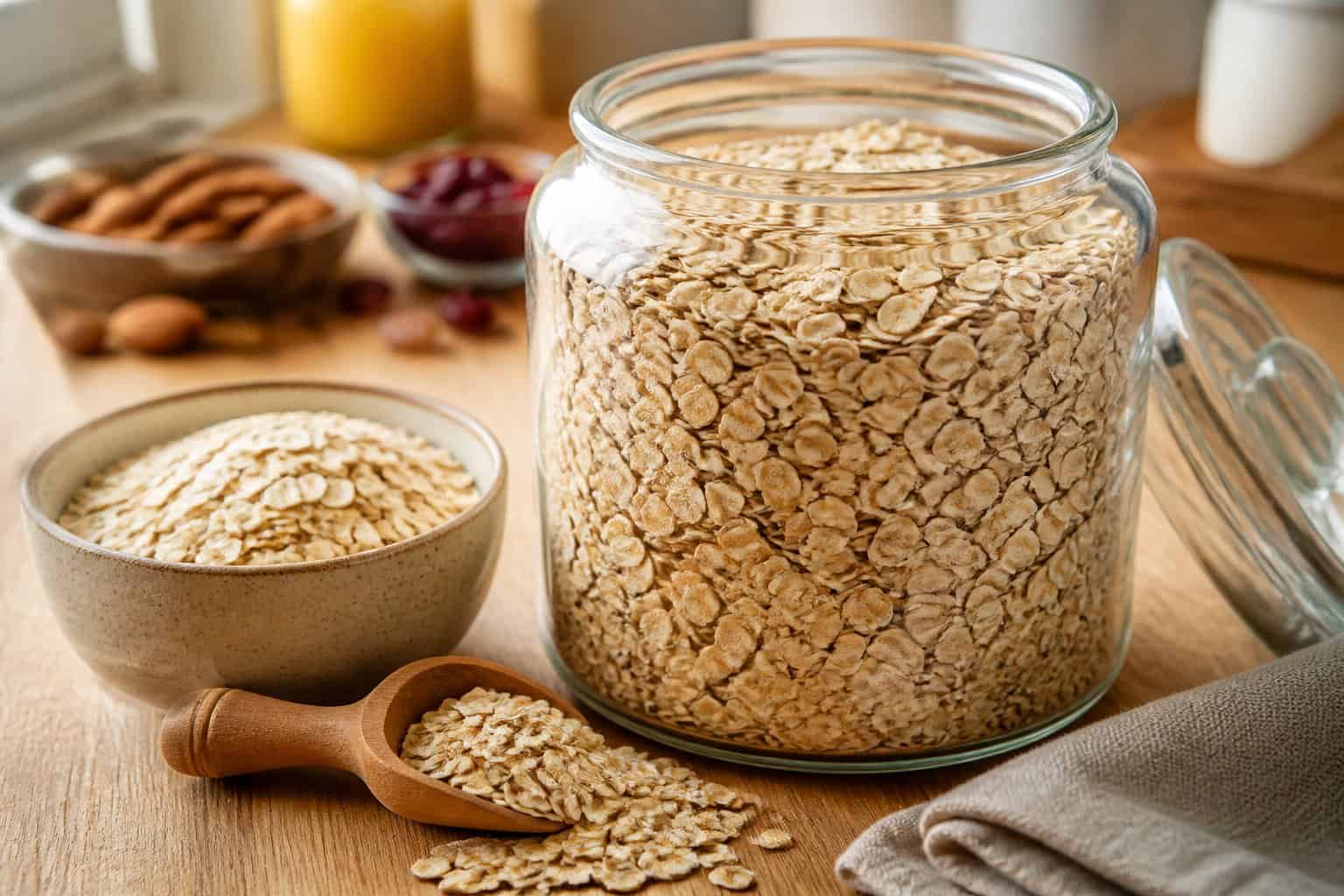 A glass jar and ceramic bowl filled with rolled oats on a wooden kitchen counter.