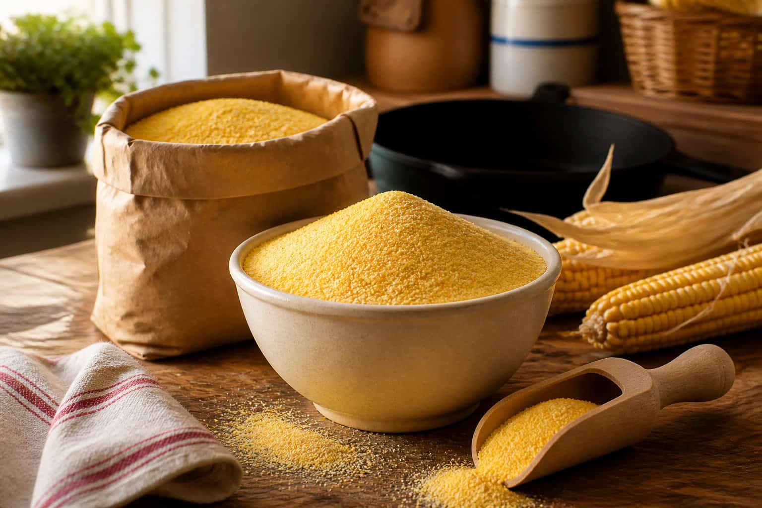A bowl of golden cornmeal with a wooden scoop on a kitchen countertop.