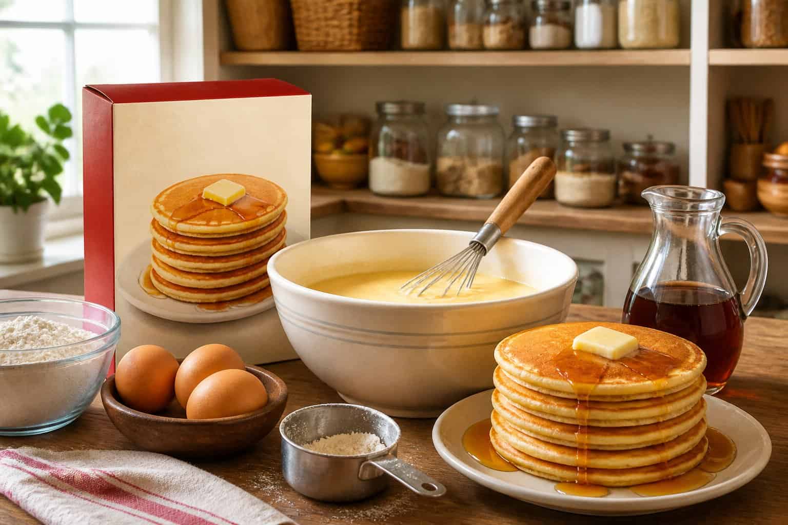 A box of pancake mix, mixing bowl, whisk, syrup, and a stack of pancakes arranged on a kitchen counter.