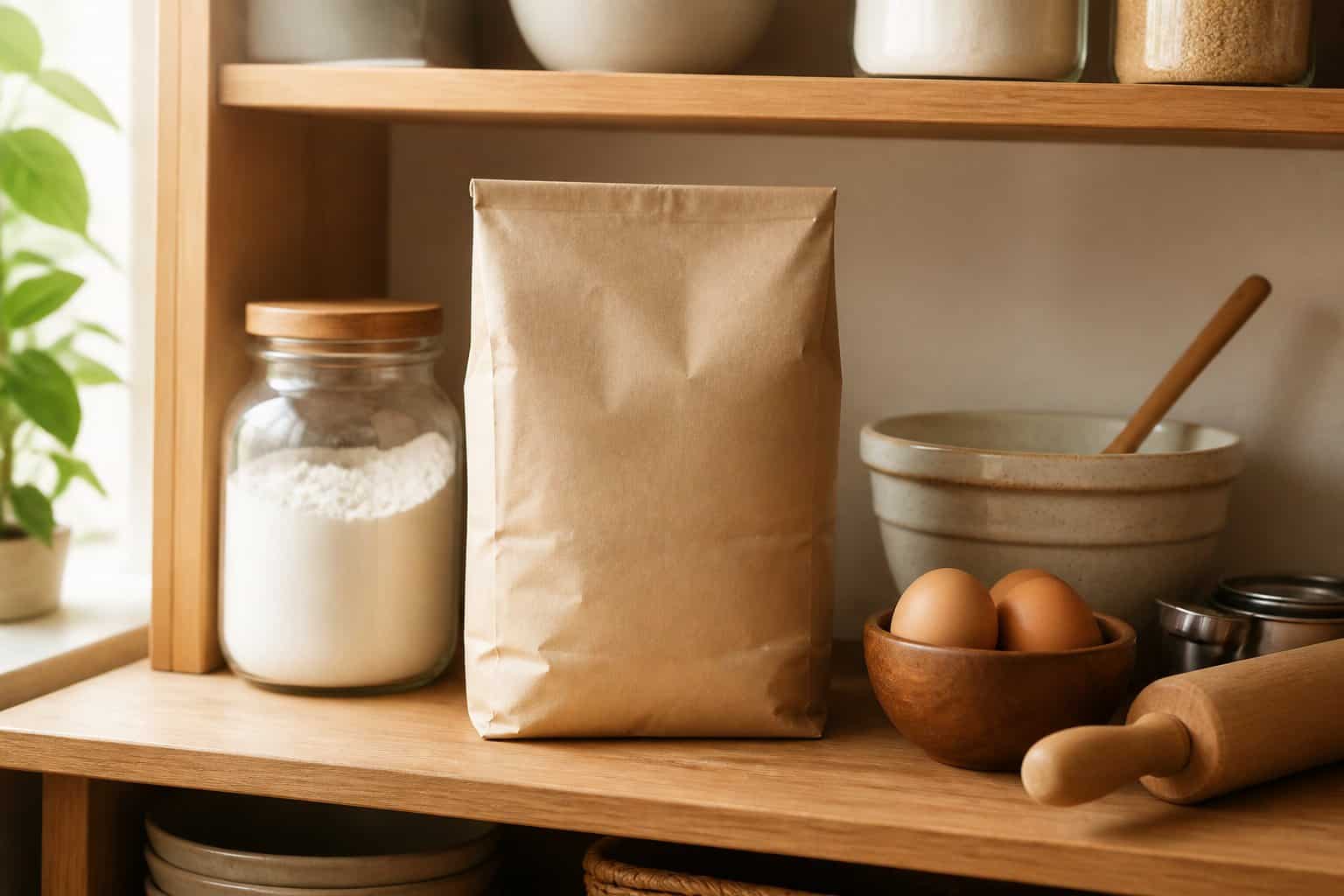 A bag of baking mix sits on a neatly organized kitchen pantry shelf beside common baking supplies.