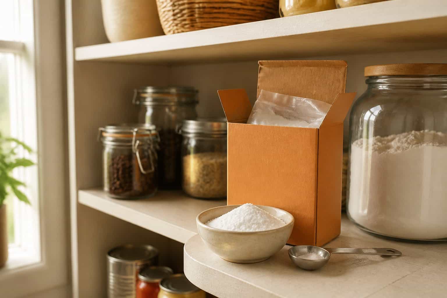 A box of baking soda and a bowl of white powder on a stocked kitchen pantry shelf.