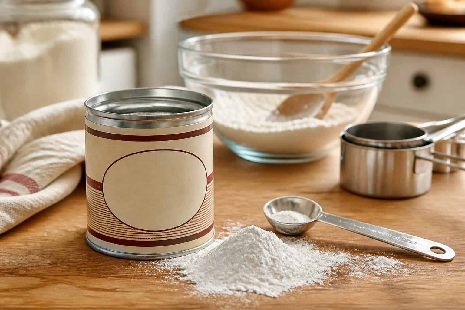 An open baking powder container sits beside a spoonful of white powder and baking tools on a kitchen counter.