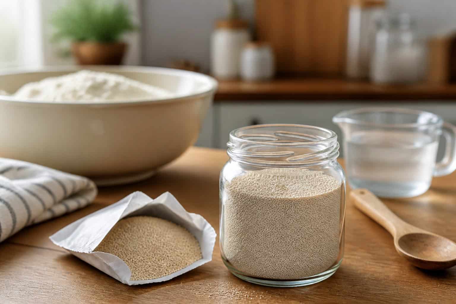 An opened packet and glass jar of active dry yeast beside baking ingredients on a kitchen counter.