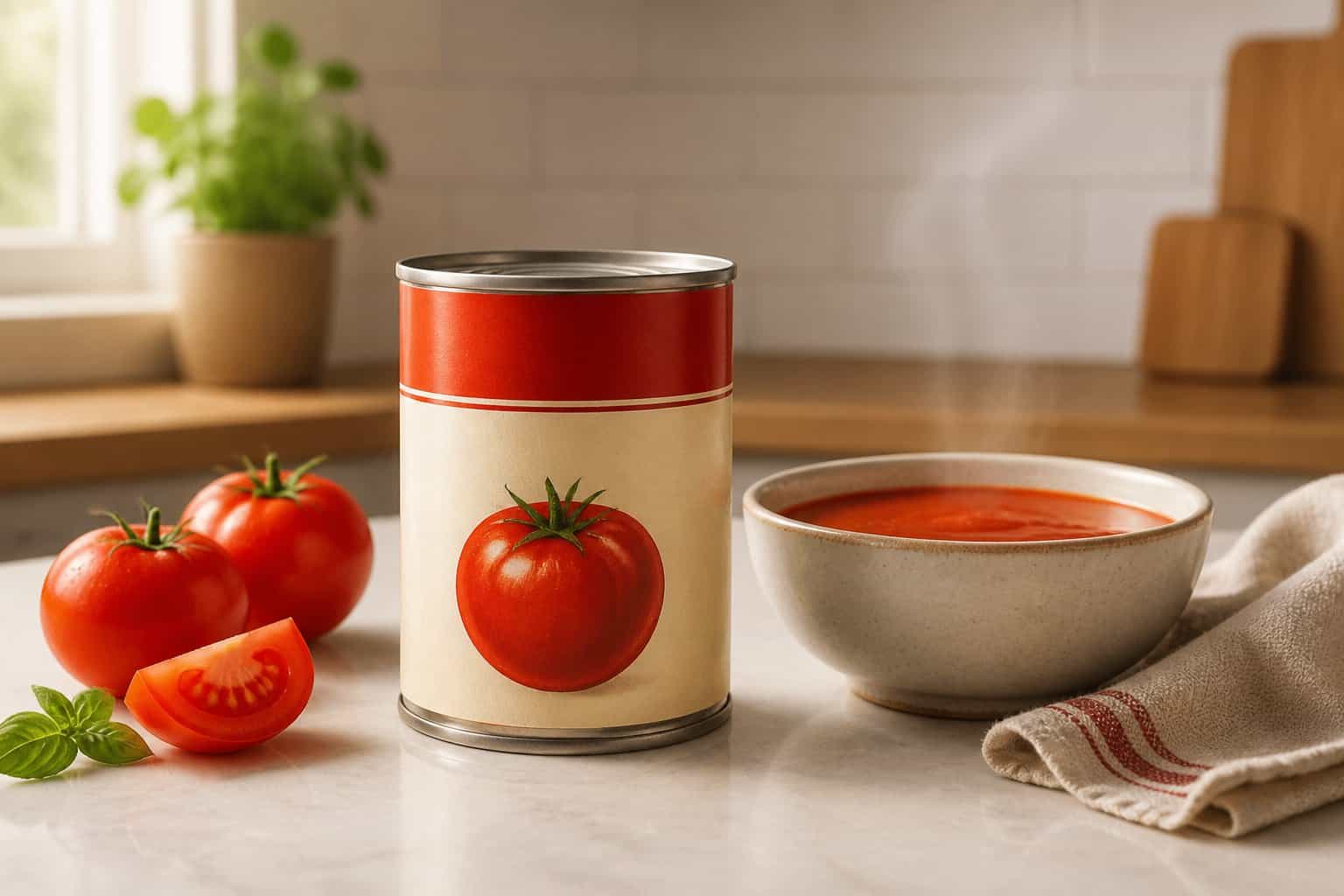 A can of tomato soup beside a bowl of steaming soup, tomatoes, and a kitchen towel on a countertop.