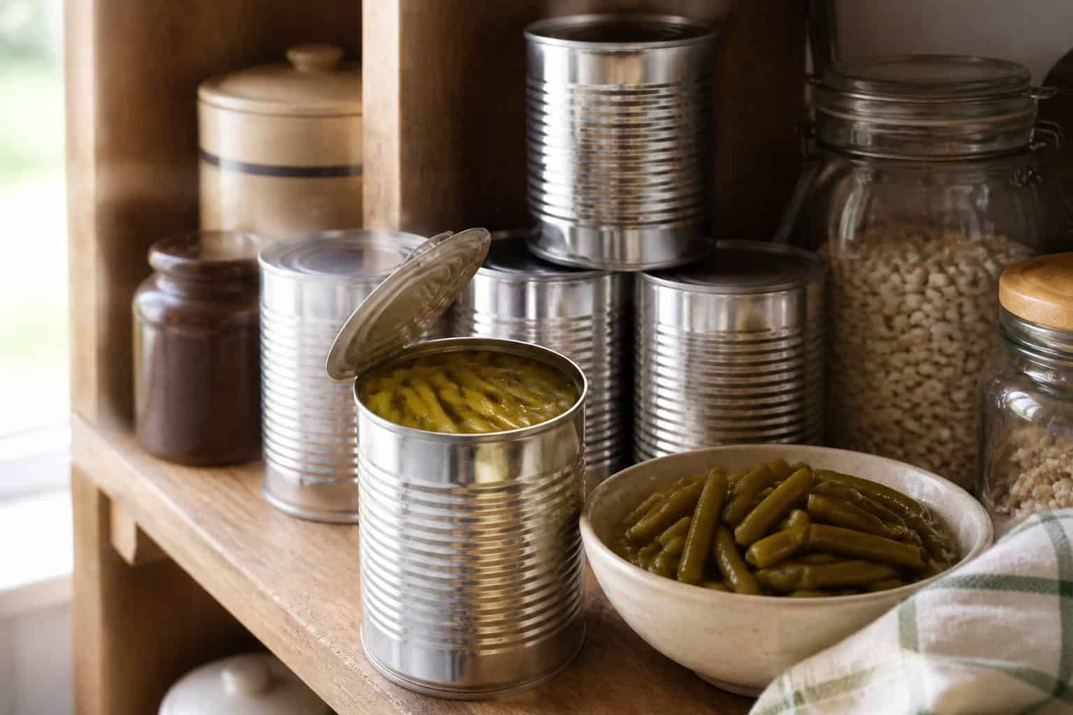 Cans of green beans arranged on a pantry shelf beside a bowl of green beans.