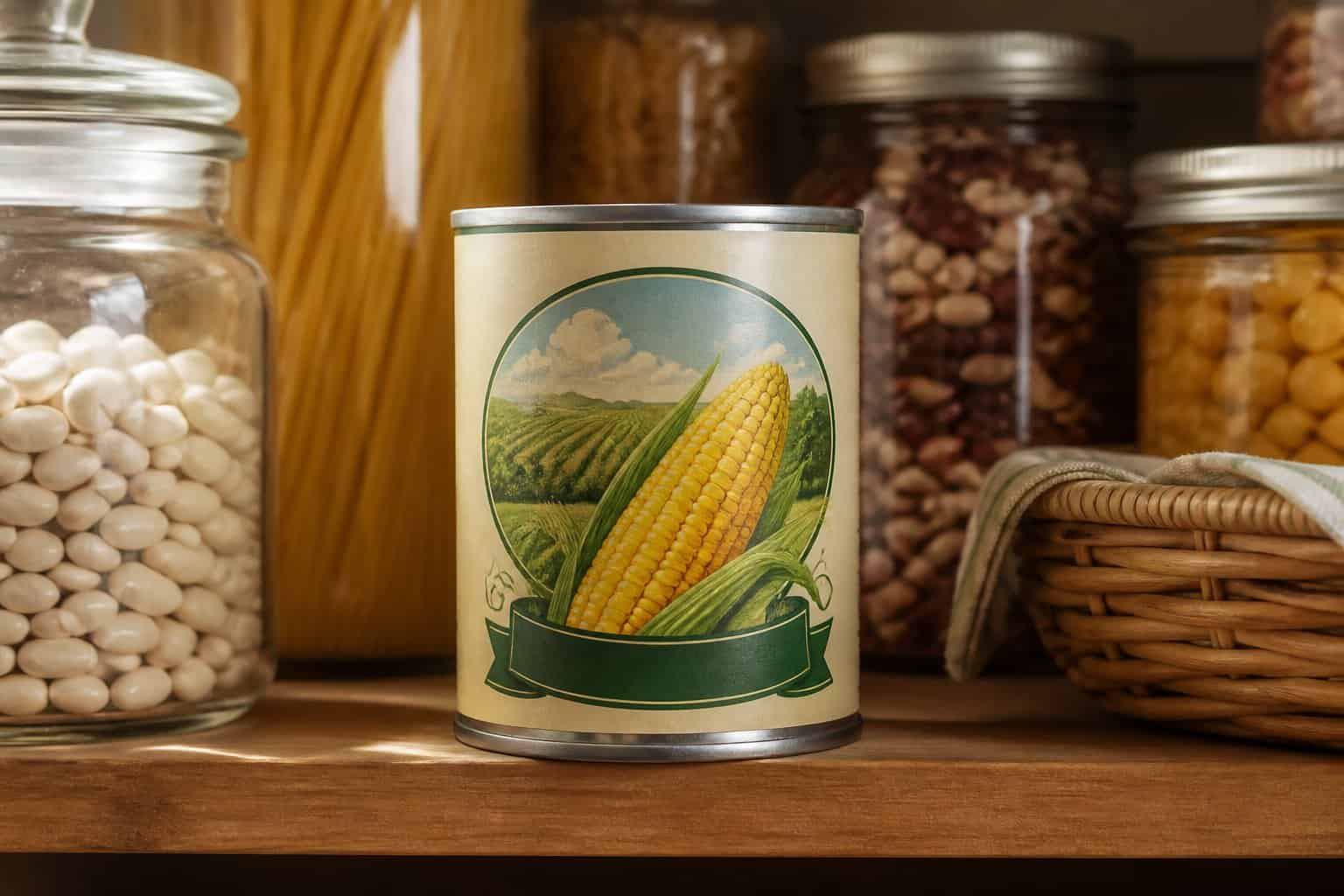 An unopened can of corn on a warmly lit pantry shelf surrounded by other staple foods.