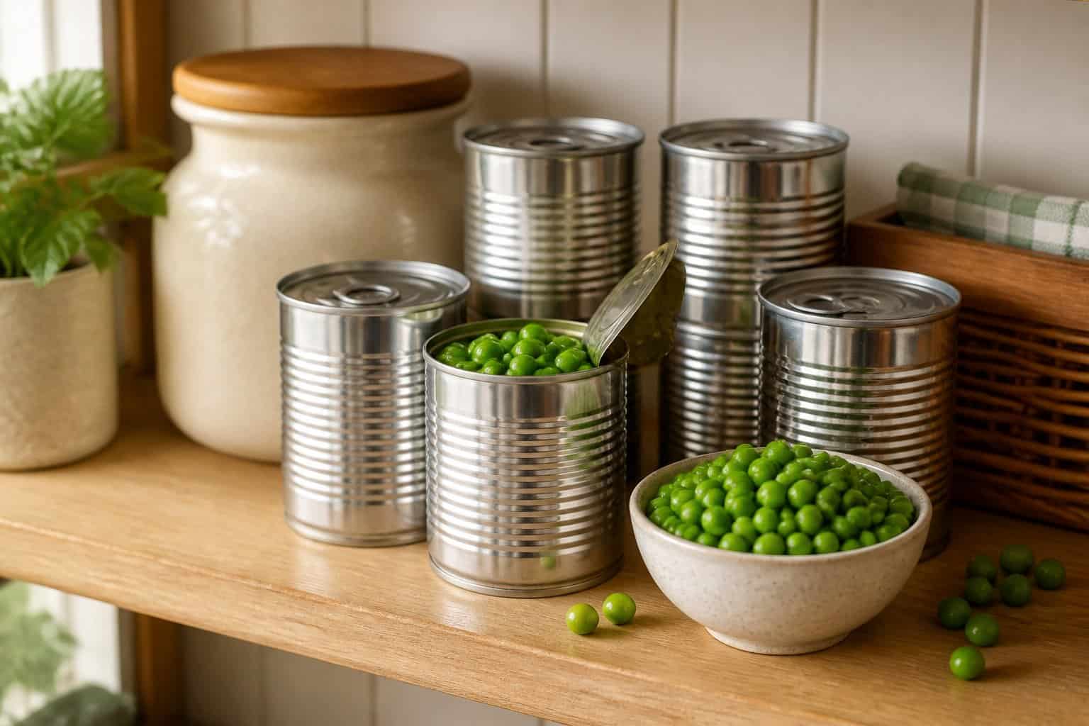 Canned and freshly opened green peas arranged on a kitchen pantry shelf beside a bowl of peas.