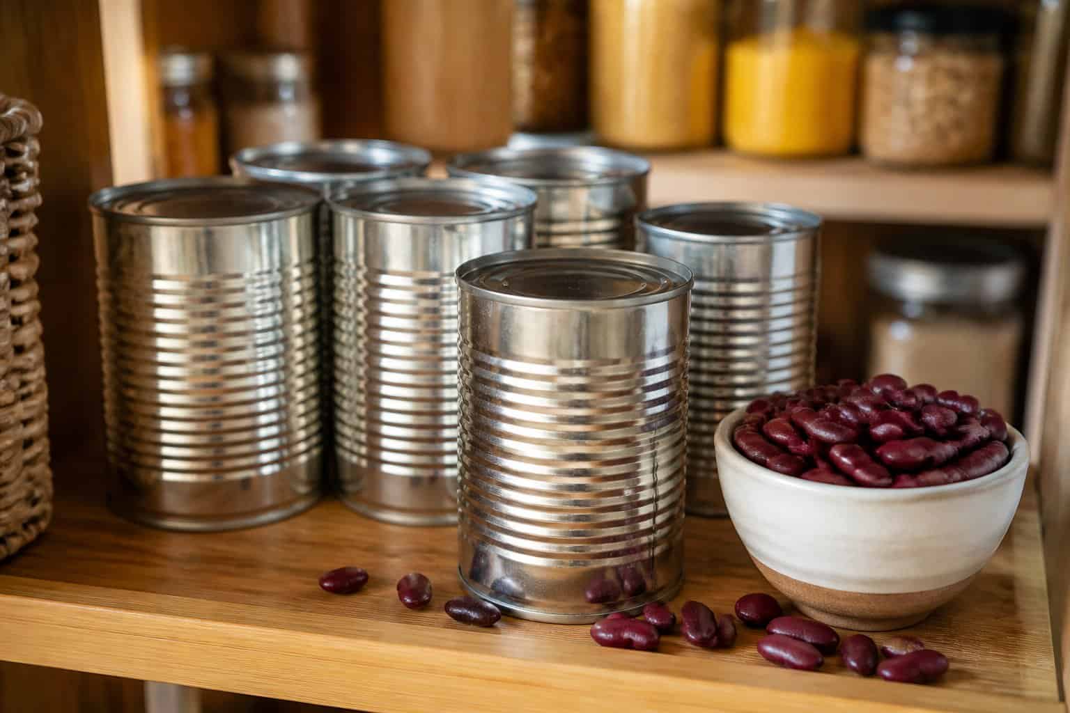 Cans of kidney beans arranged on a pantry shelf beside a bowl of red kidney beans.