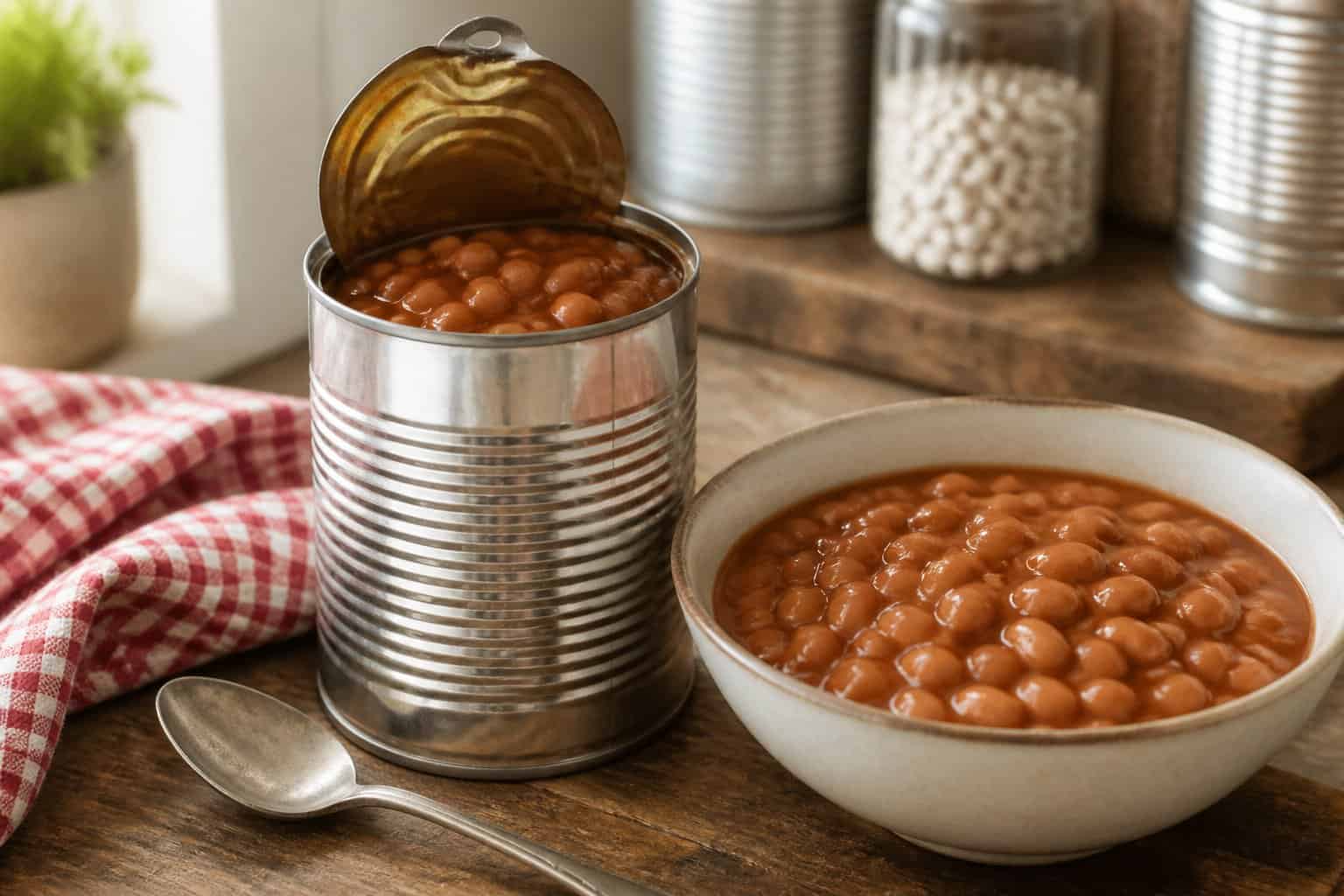 An opened can and a bowl of baked beans on a kitchen countertop.