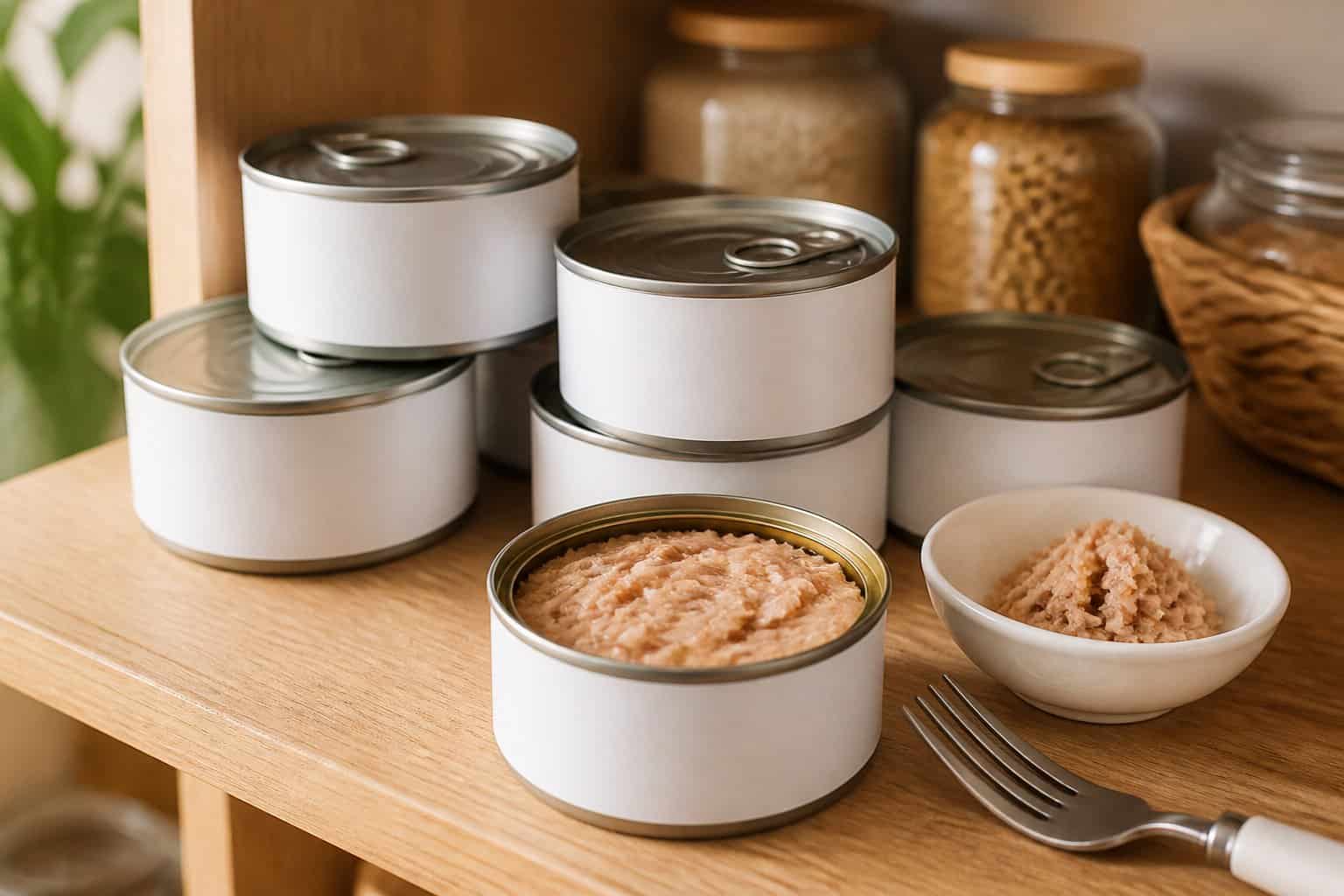 Cans of tuna arranged on a pantry shelf, with one opened can and a bowl of tuna in the foreground.