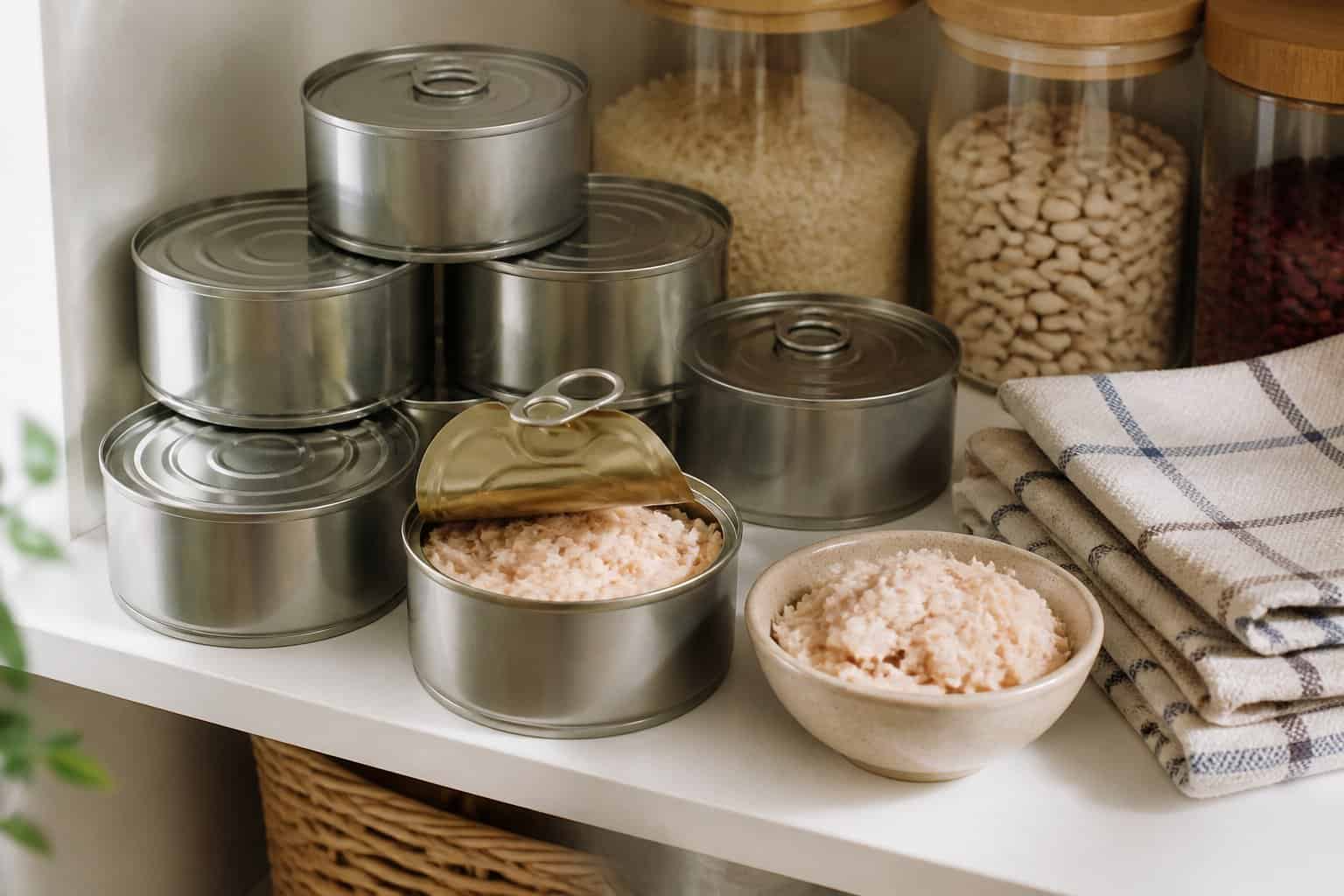 Cans of chicken and a bowl of shredded chicken arranged on a pantry shelf.