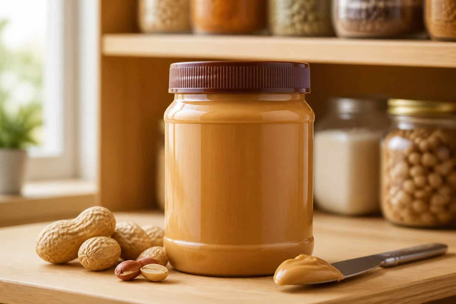 A jar of peanut butter with peanuts and a butter knife on a pantry shelf.