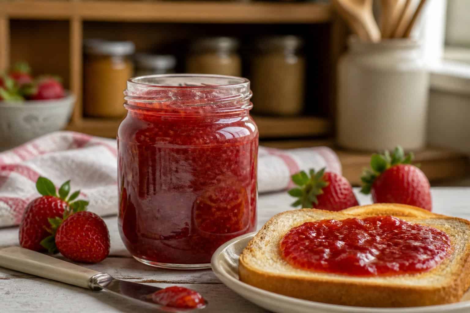 A jar of strawberry jam beside toast, fresh strawberries, and a butter knife on a kitchen countertop.