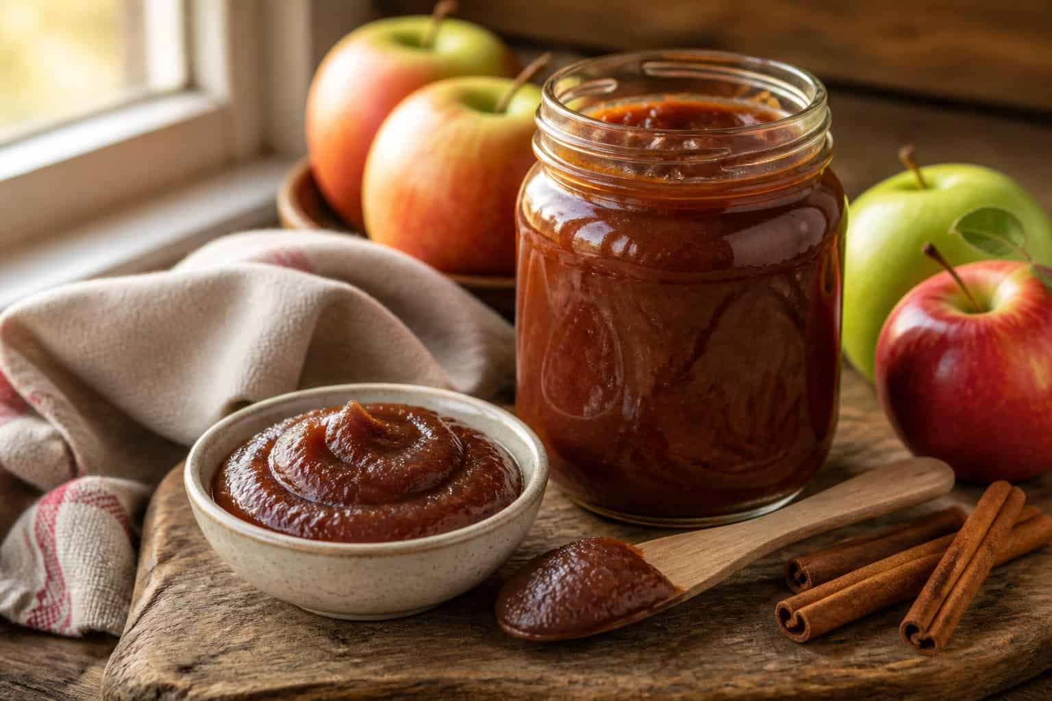 An open jar and bowl of apple butter sit on a kitchen counter beside apples and cinnamon.