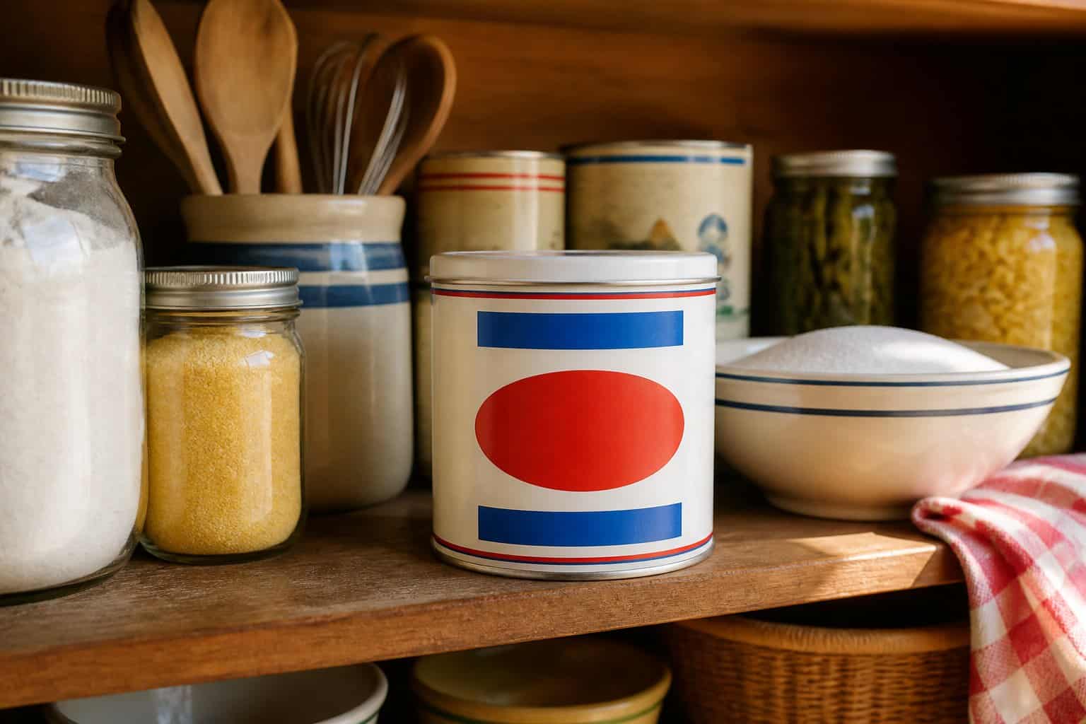 A tub of vegetable shortening sits on a neatly stocked pantry shelf among common baking ingredients.