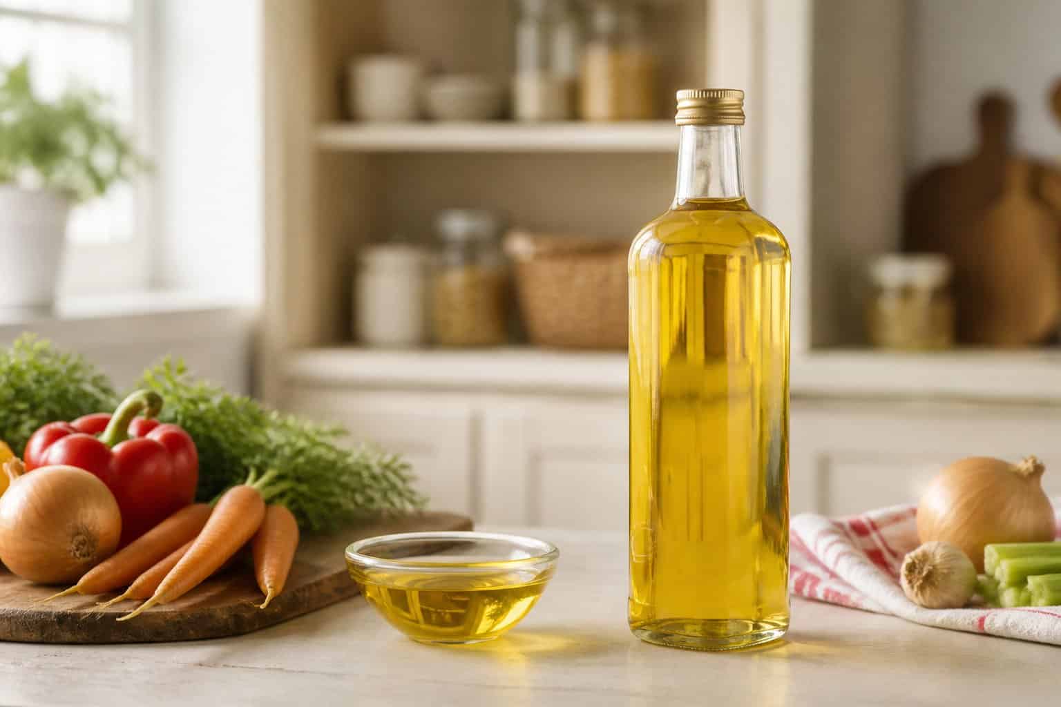 A bottle of vegetable oil on a kitchen countertop beside a small bowl of oil and fresh vegetables.