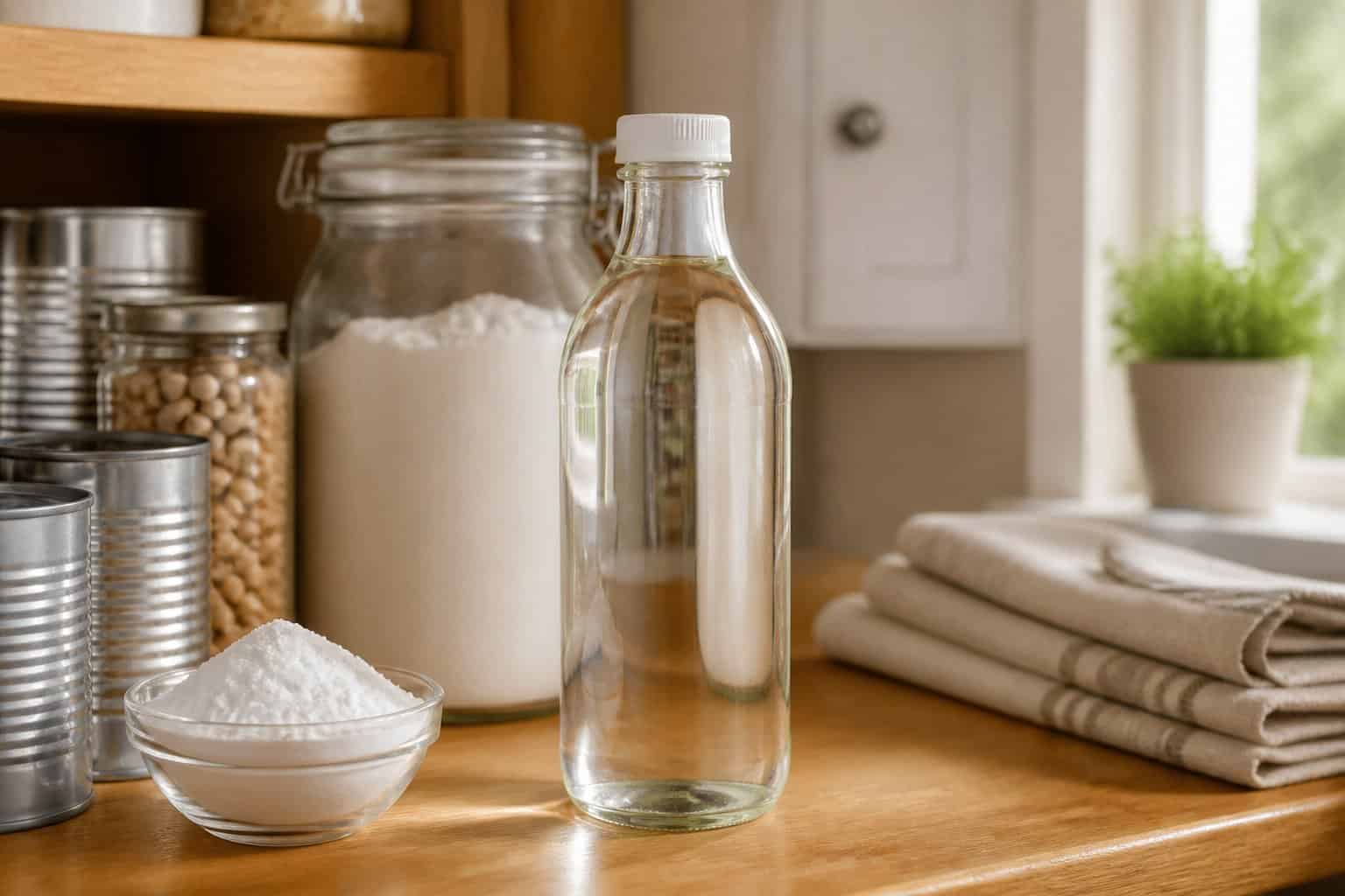 A clear bottle of white vinegar sits on a neatly arranged kitchen pantry shelf.