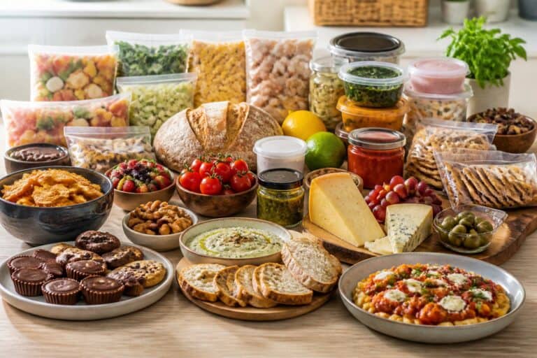 An appealing assortment of snacks, prepared foods, fresh produce, bread, cheese, and dips arranged on a kitchen table.