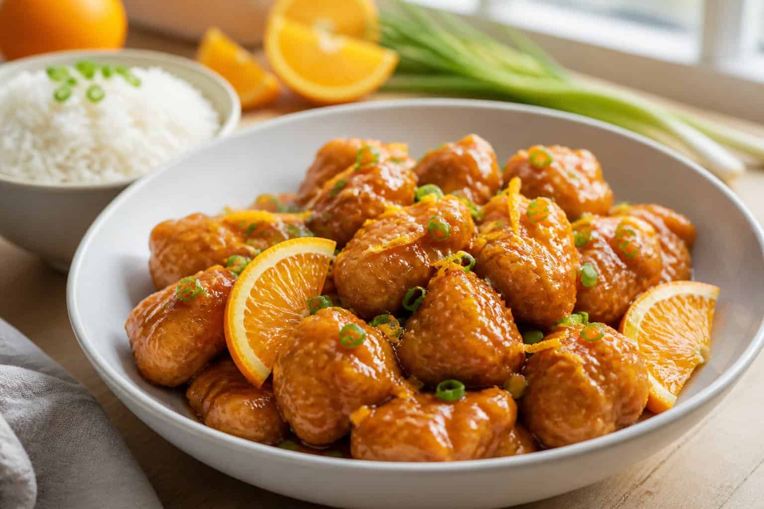 A bowl of crispy orange-glazed chicken garnished with scallions and orange slices, served with white rice.