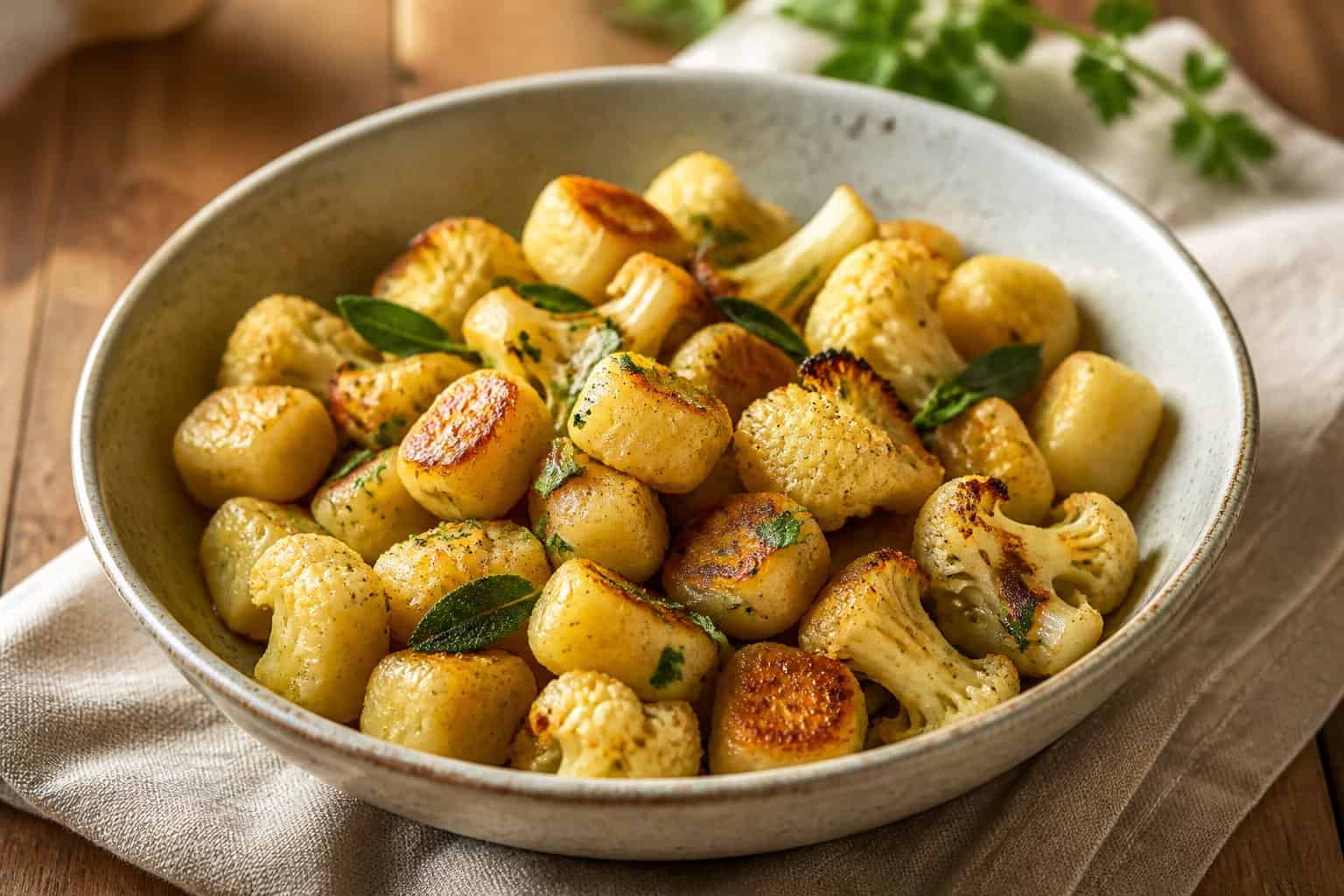 A bowl of golden-brown cauliflower gnocchi garnished with fresh herbs on a wooden table.