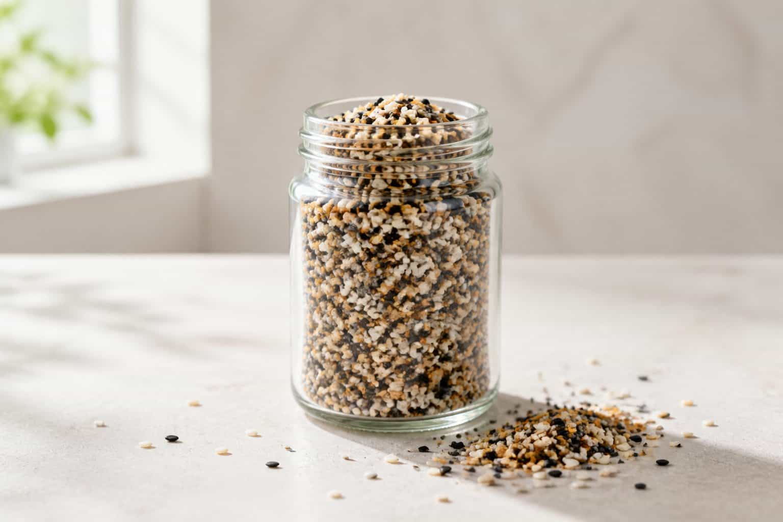 A glass jar of sesame, poppy seed, garlic, and onion seasoning beside a small sprinkle of the blend.