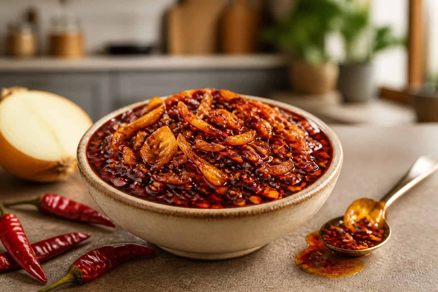 A bowl of chili onion crunch with fried onions, garlic, and red chili oil beside chilies and an onion.