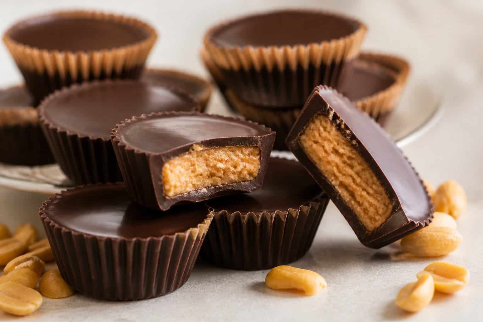 Dark chocolate peanut butter cups arranged on a tabletop, with one showing its creamy peanut butter center.