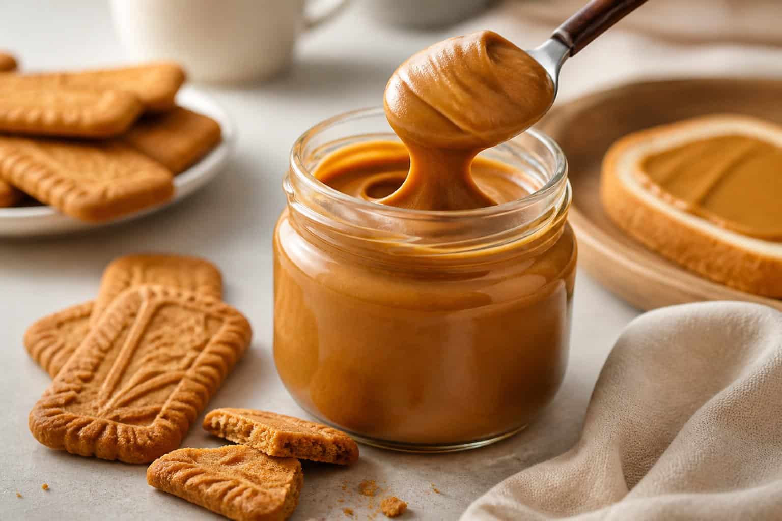 An open jar of cookie butter with a spoonful of spread, surrounded by crisp spiced cookies.