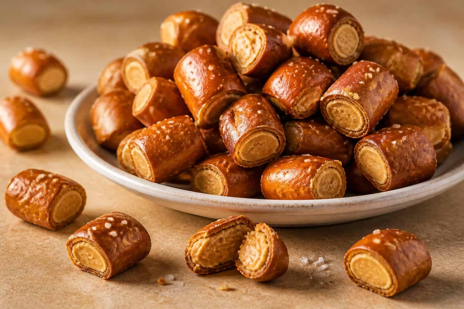 A pile of peanut butter filled pretzel nuggets on a plate, with a few pieces showing their creamy filling.