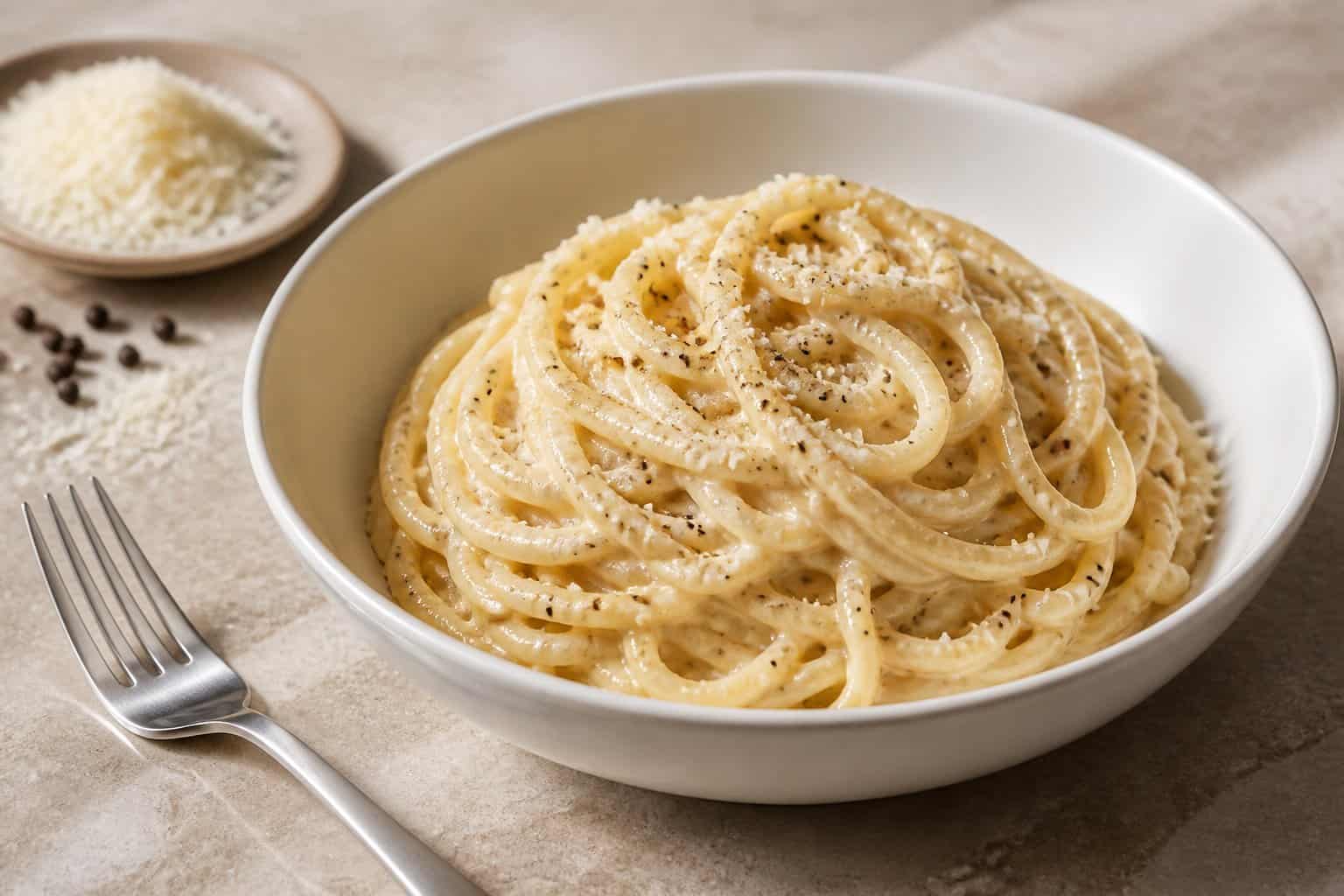 A bowl of spaghetti coated in creamy cheese and black pepper sauce with grated cheese and peppercorns nearby.