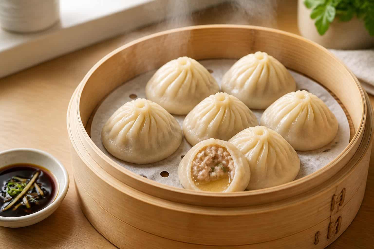 Steamed chicken soup dumplings in a bamboo basket with dipping sauce and garnishes.