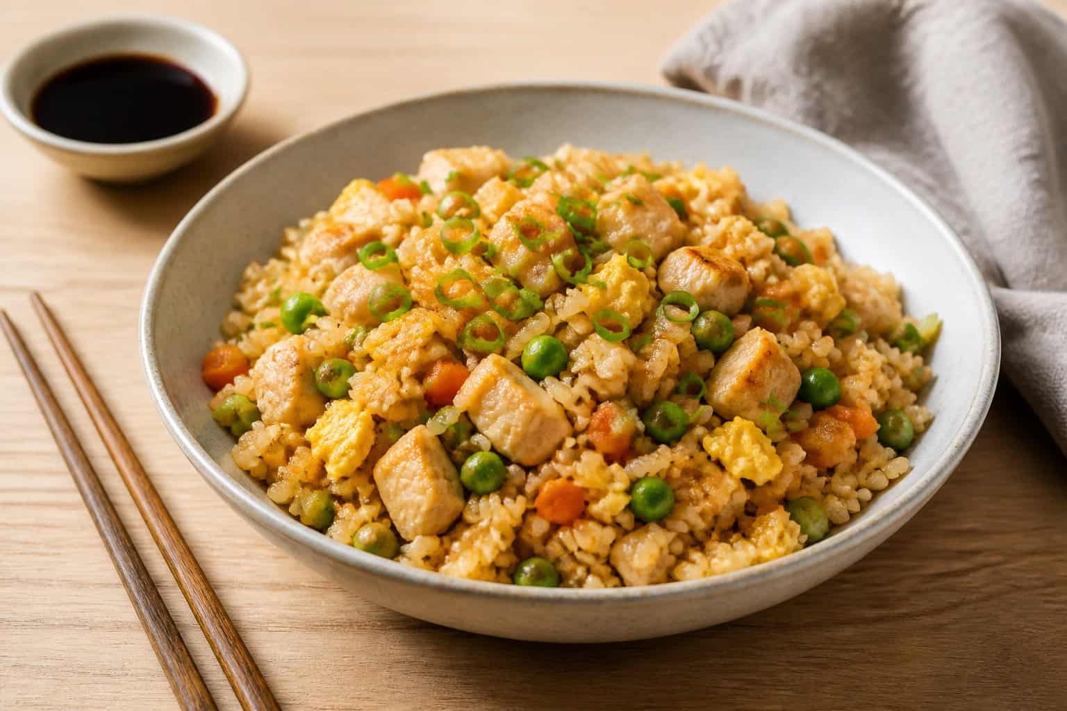 A bowl of Japanese fried rice with egg, vegetables, and scallions on a wooden table.