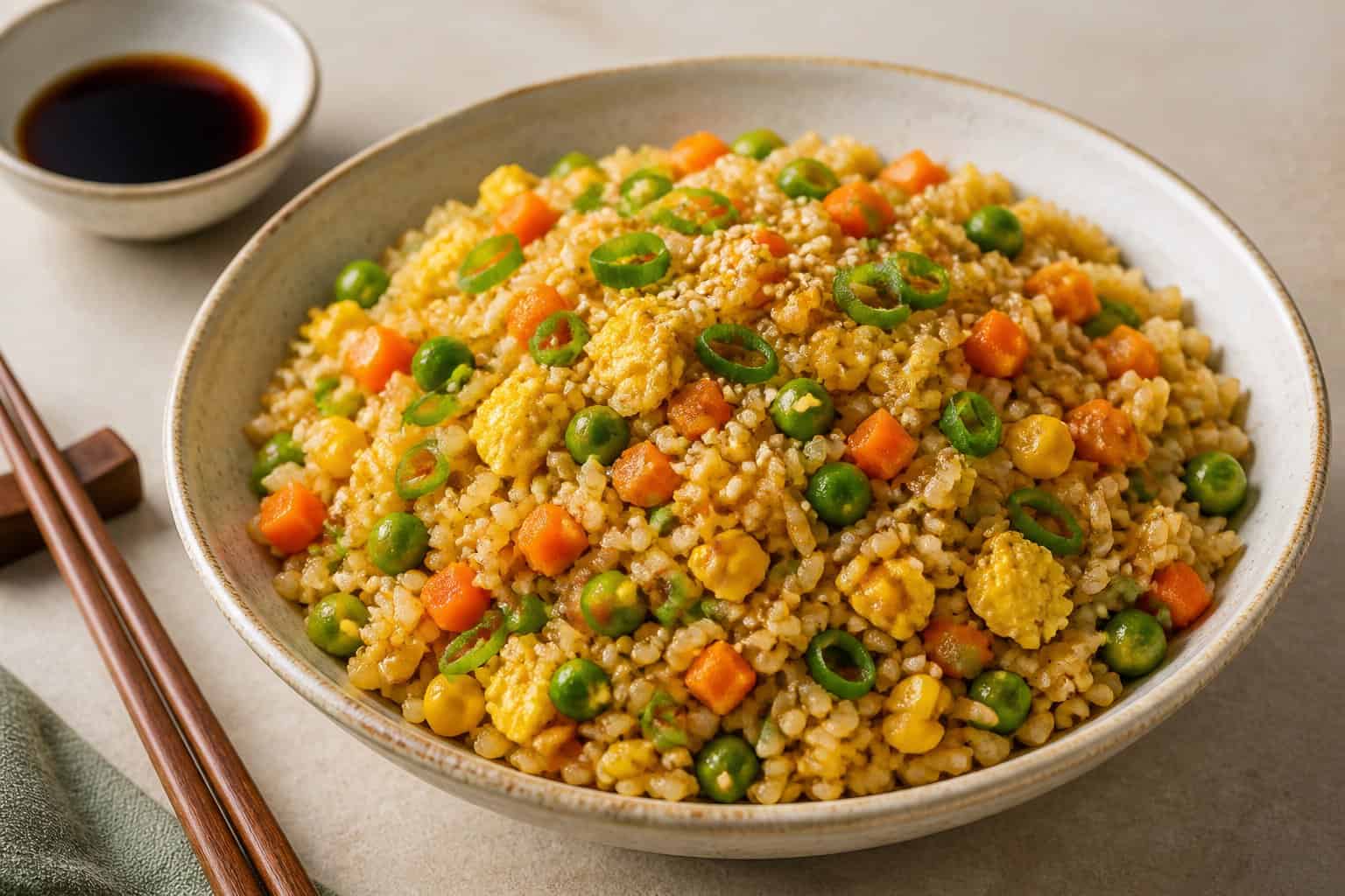 A bowl of vegetable fried rice with carrots, peas, corn, egg, and green onions.