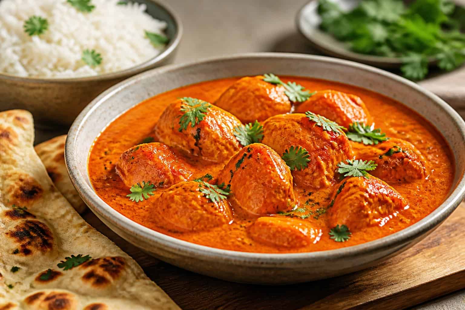 A bowl of creamy chicken tikka masala with rice and naan on a tabletop.